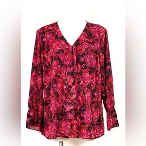 Roz & Ali-V-neck, ruffled, floral, poly chiffon blouse – 1X